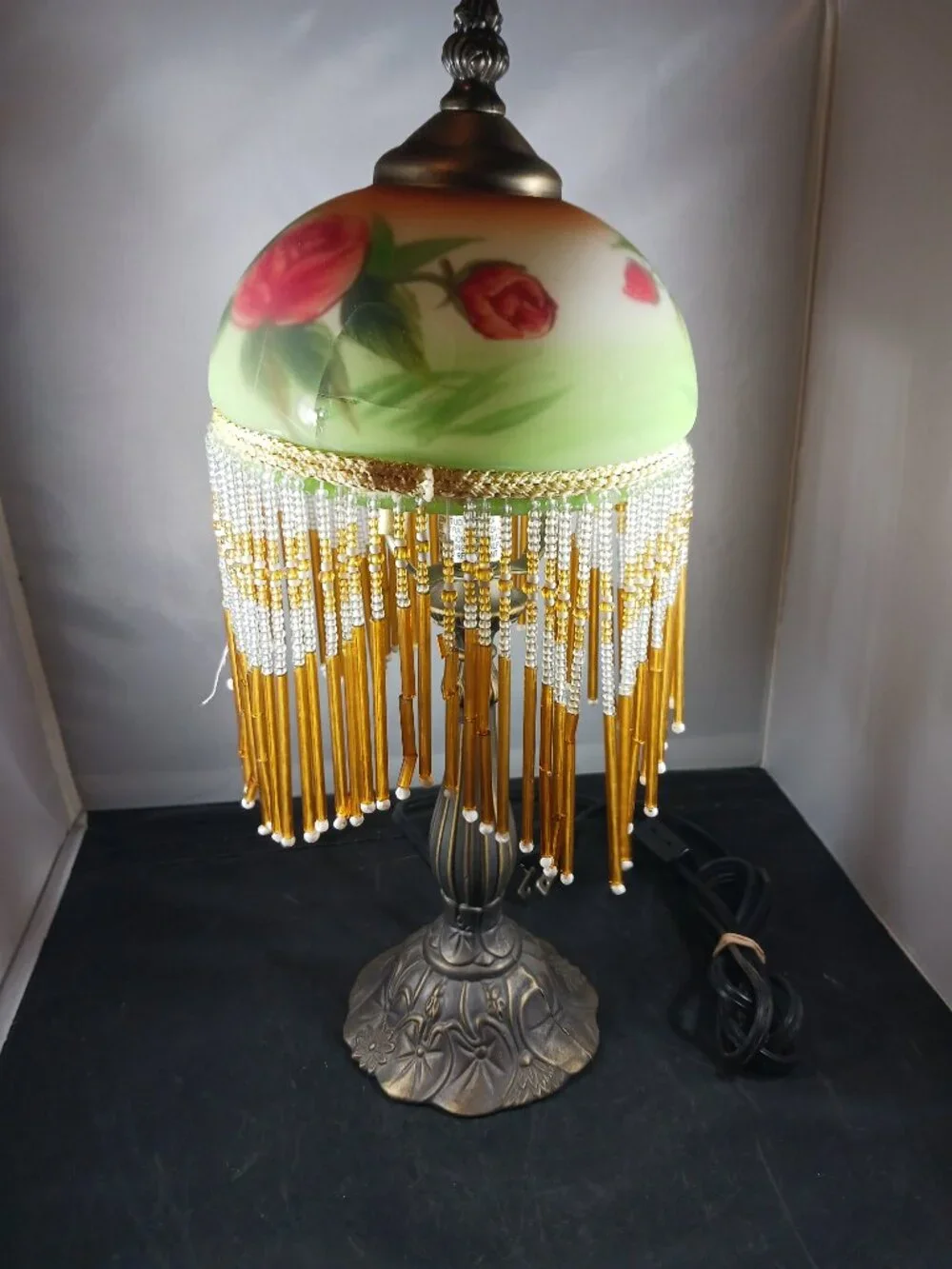 Vintage Floral Table Lamp with Beaded Fringe Tiffany Style Hand Painted Shade